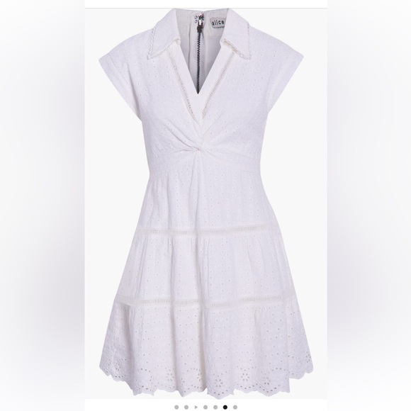 Alice + Olivia Mila Deep V-Neck Cotton & Linen Eyelet Minidress white 6 or 8 NWT - Picture 5 of 6